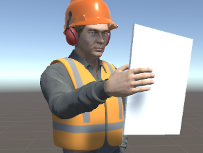 <b>Our Human Model</b><p><em>We used 3D scans of interns for our human models and I modeled hard hats, ear protection
           and safety vests in Blender.</em></p>